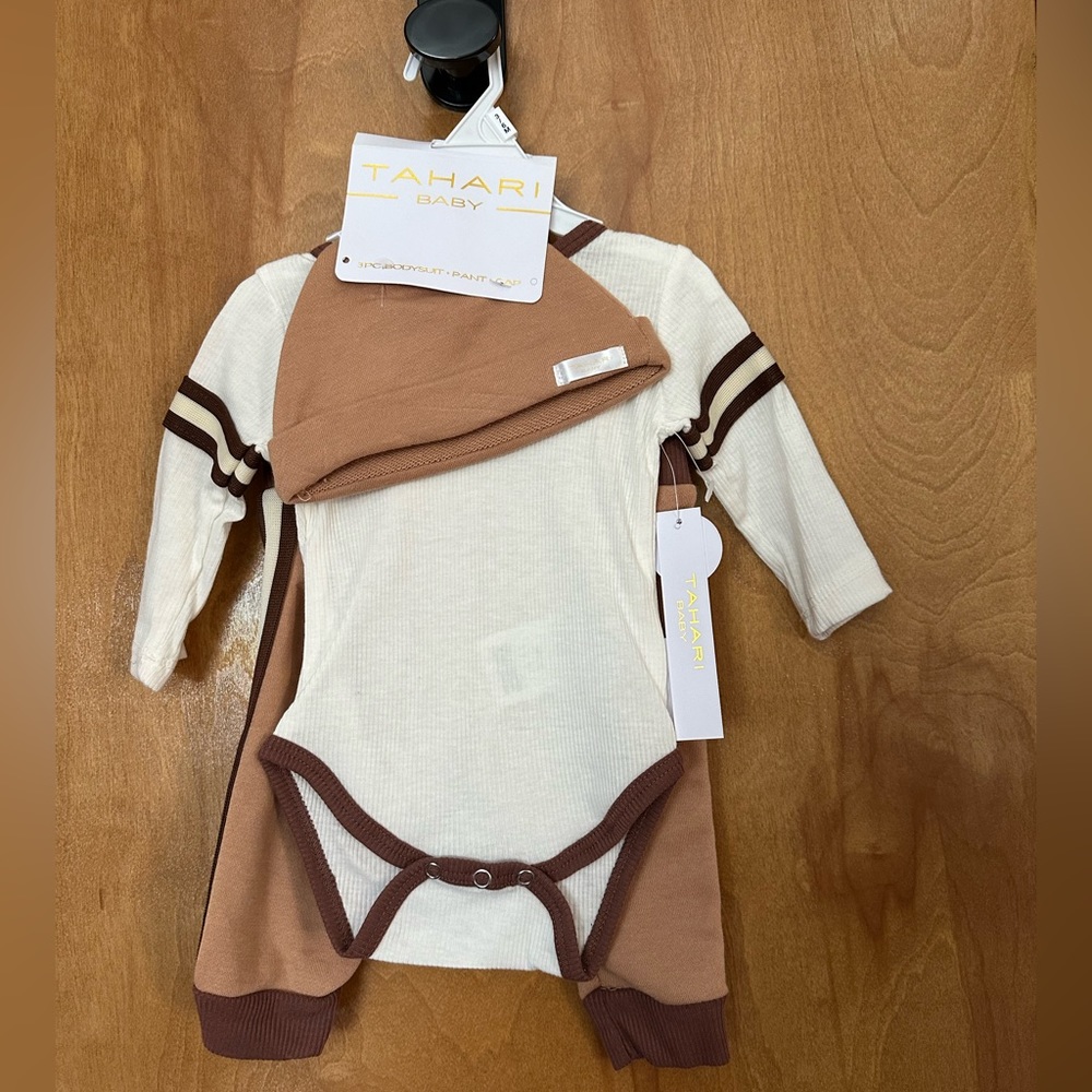 3 piece baby boy set includes long sleeve bodysuit, pants, cap